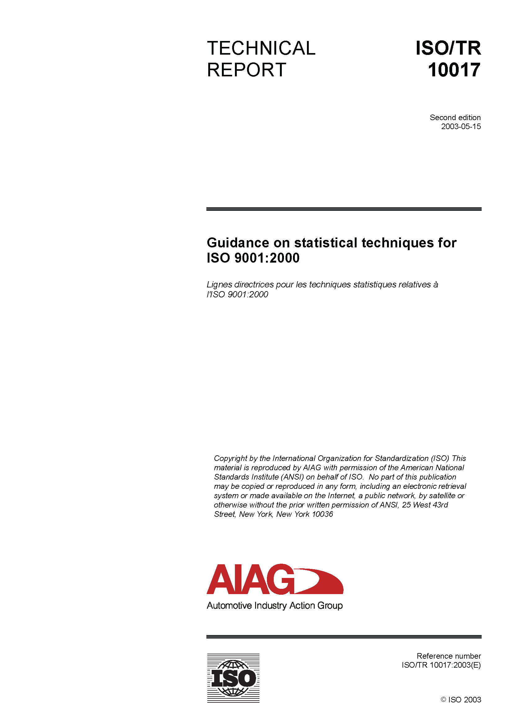 Publikace AIAG Guidance on Statistical Techniques for ISO 9001:2000 1.5.2003 náhled